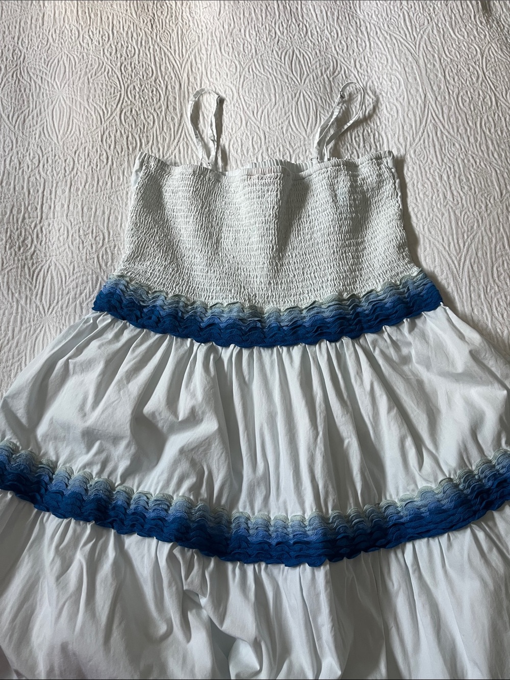 Oliphant White Cotton Maxi Dress with Blue Ric Rac Trim, Size Medium - Picture 6 of 10